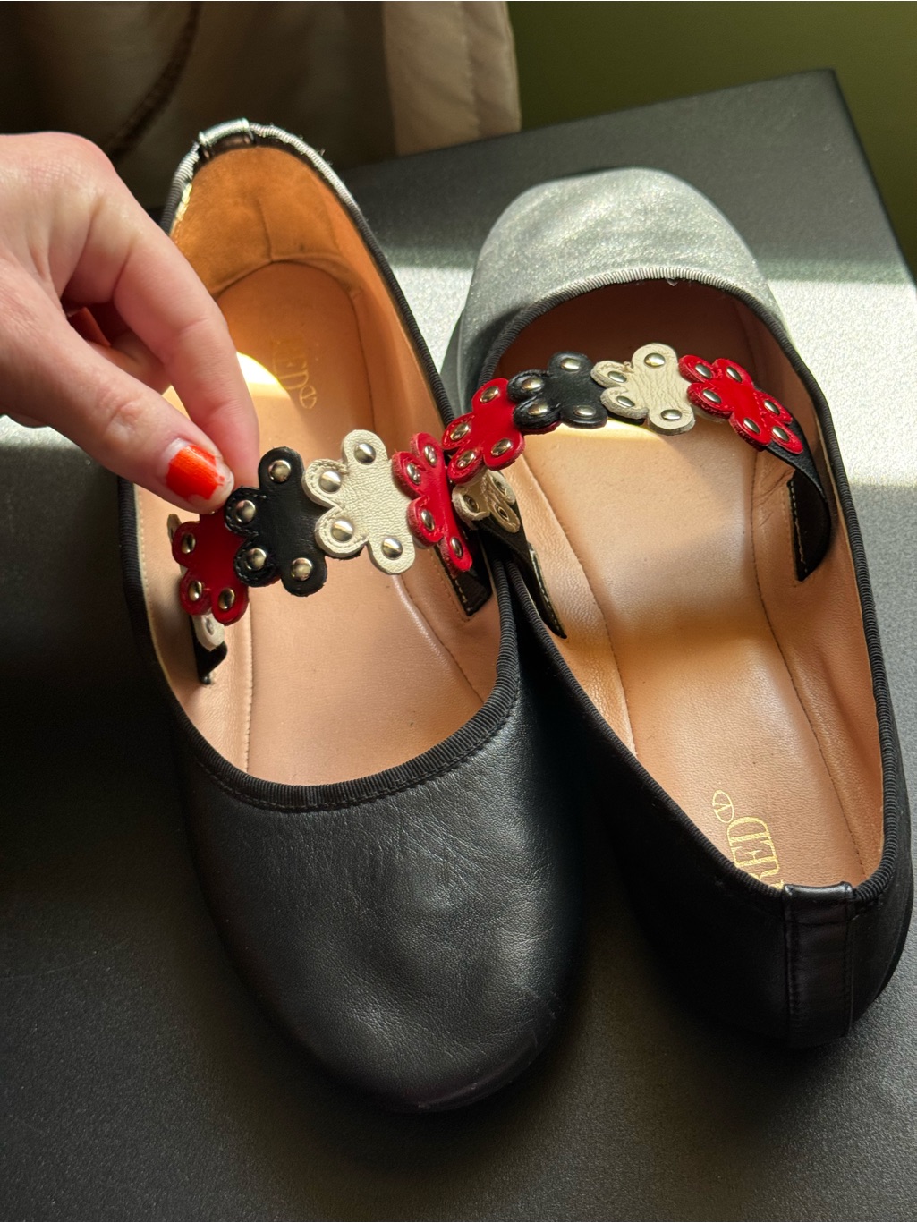 Valentino Red Black Leather Ballet Flats Flower Strap